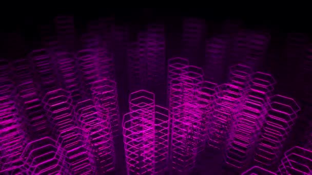 Fond sombre technologique avec animation se déplaçant formes au néon violet de hexagones, Animation de boucle transparente  