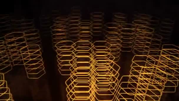 Fond sombre technologique avec animation en mouvement orange fluo formes de hexagones, Animation de boucle sans couture  