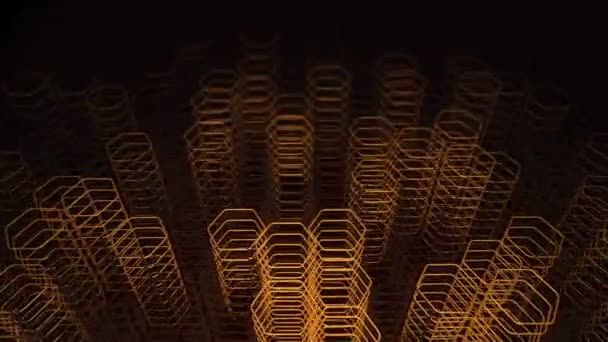 Technological Dark Background Animation Moving Orange Neon Shapes Hexagons Animation — Stock Video