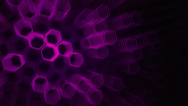 六角形から紫のネオンの形を移動するアニメーションと技術的な暗い背景 シームレスなループのアニメーション — ストック動画