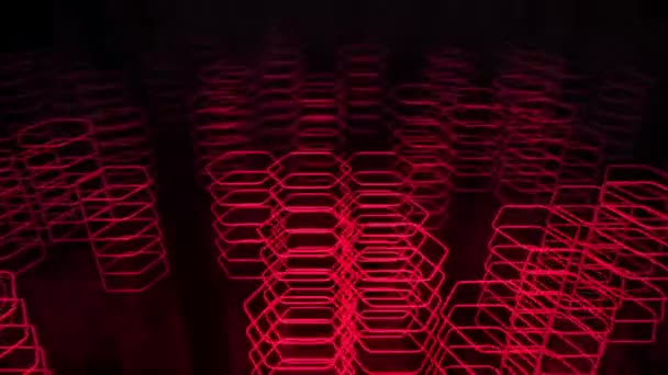 Fond Sombre Technologique Avec Animation Mouvement Rouge Fluo Formes Hexagones — Video