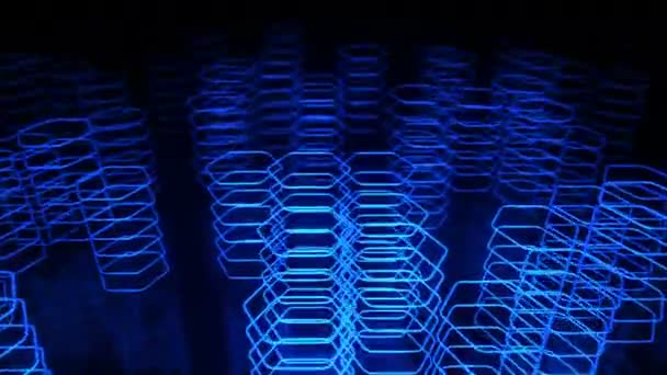 Fond sombre technologique avec animation en mouvement bleu néon formes de hexagones, Animation de boucle transparente  