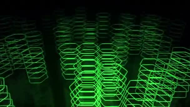 Fondo Oscuro Tecnológico Con Formas Neón Verde Movimiento Animación Hexágonos — Vídeo de stock