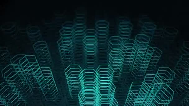 Fond sombre technologique avec animation en mouvement formes fluo turquoise de hexagones, Animation de boucle sans couture  