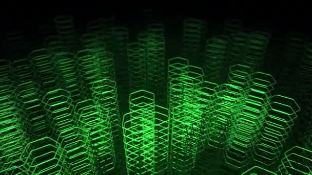 Fond sombre technologique avec animation en mouvement vert néon formes de hexagones, Animation de boucle transparente  