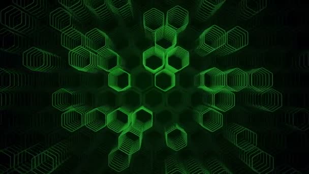 Technological Dark Background Animation Moving Green Neon Shapes Hexagons Animation — Stock Video