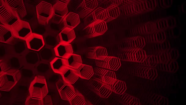 Technologické Tmavé Pozadí Animací Pohybující Červené Neonové Tvary Šestiúhelníků Animace — Stock video