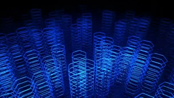 Fond sombre technologique avec animation en mouvement bleu néon formes de hexagones, Animation de boucle transparente  