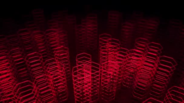 Fond sombre technologique avec animation en mouvement rouge fluo formes de hexagones, Animation de boucle sans couture  