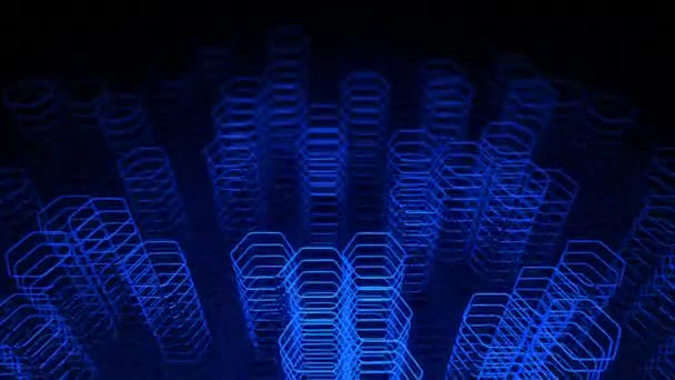 技术上的黑暗背景 动画从六边形中移动蓝色霓虹灯 无缝循环动画 — 图库视频影像
