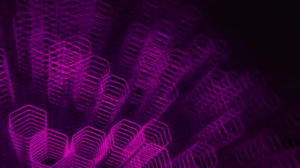 Fondo Oscuro Tecnológico Con Animación Movimiento Formas Neón Púrpura Hexágonos — Vídeo de stock