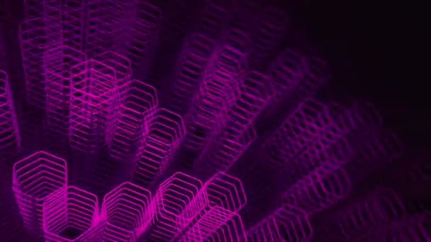 Fond sombre technologique avec animation se déplaçant formes au néon violet de hexagones, Animation de boucle transparente  
