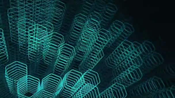 Technological Dark Background Animation Moving Turquoise Neon Shapes Hexagons Animation — 비디오