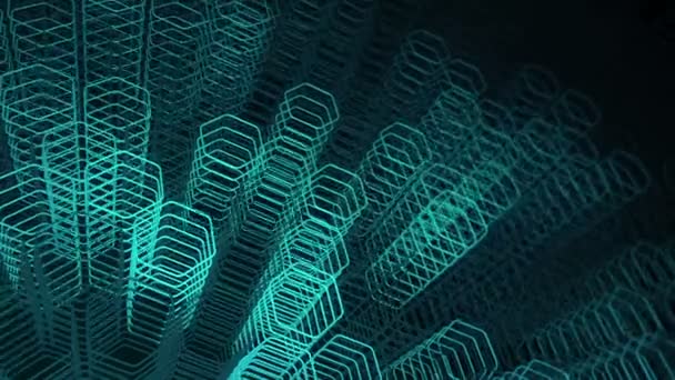Fond sombre technologique avec animation en mouvement formes fluo turquoise de hexagones, Animation de boucle sans couture  