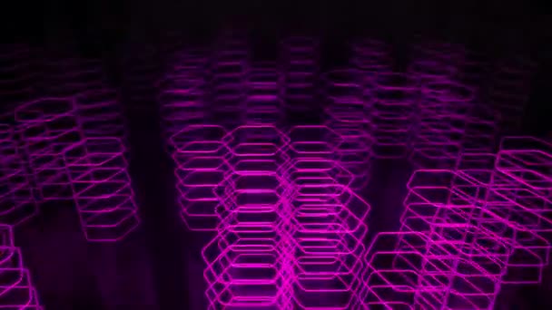 Fond sombre technologique avec animation se déplaçant formes au néon violet de hexagones, Animation de boucle transparente  