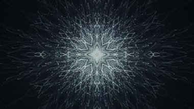 Yavaş hareket eden gri parçacıkların kar tanesi şeklinde canlandırılmasıyla soyut koyu arkaplan. Kusursuz döngünün animasyonu.