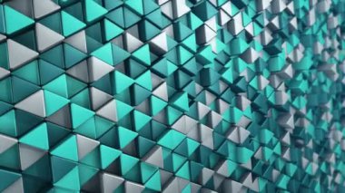 Türkuaz üçgenlerin dalga mozaiğinin canlandırılmasıyla soyut teknolojik arkaplan, kusursuz döngünün animasyonu.
