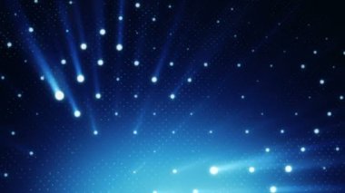 Işık huzmesi projektörlü parlak ışıklardan oluşan mavi duvarlı soyut bir arkaplan. Kusursuz döngünün animasyonu