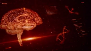 Soyut arayüzün animasyonuyla arka plan. İnsan vücudu, DNA sarmalları ve atom modelleri kablo biçiminde ve animasyon programlama kodlarında. Kusursuz döngünün animasyonu.