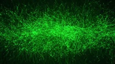 Yavaş hareket eden yeşil parçacıkların animasyonuyla soyut koyu arkaplan. Kusursuz döngünün animasyonu.