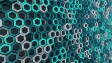 Türkuaz altıgenlerin dalga mozaiğinin animasyonuyla soyut teknolojik arkaplan, kusursuz döngünün animasyonu.