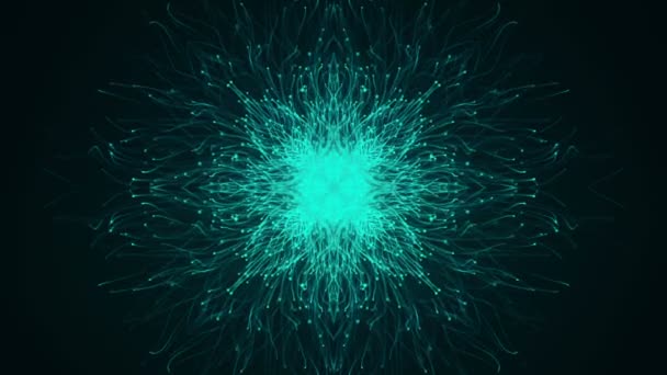 Abstract Dark Background Animation Slow Moving Turquoise Particles Form Snowflake — Stock Video