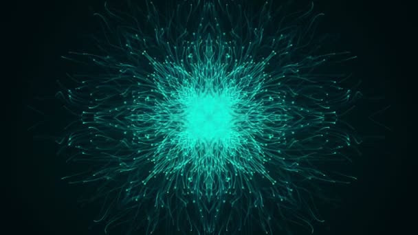 Fond sombre abstrait avec animation de particules turquoise en mouvement lent sous forme de flocon de neige. Animation de boucle transparente .