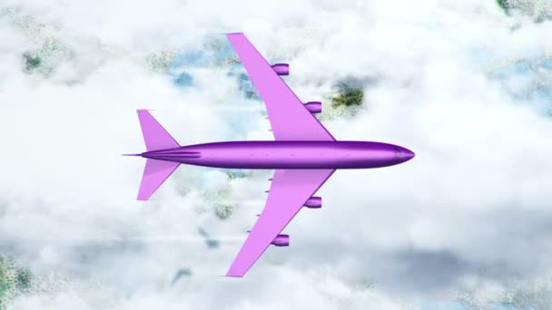 Анімація Фіолетового Літаючого Літака Над Хмарами Землею Анімація Безшовної Петлі — стокове відео
