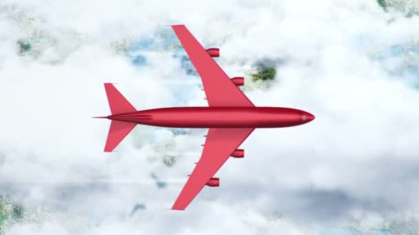 Animacja Czerwonego Latającego Samolotu Nad Chmurami Lądem Animacja Płynnej Pętli — Wideo stockowe