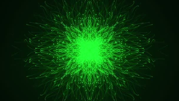 雪の結晶の形でゆっくりと動く緑の粒子のアニメーションと抽象暗い背景 シームレスループのアニメーション — ストック動画