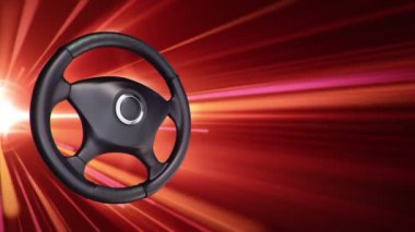 Animasyon direksiyon simidi, hızlı uçan çizgiler ve hızlı sürüşün hızını simgeleyen vuruşlarla soyut bir arka plan. Kusursuz döngünün animasyonu.