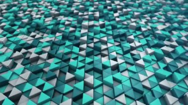 Türkuaz üçgenlerin dalga mozaiğinin canlandırılmasıyla soyut teknolojik arkaplan, kusursuz döngünün animasyonu.