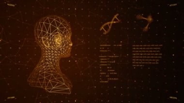 Soyut arayüzün animasyonuyla arka plan. İnsan vücudu, DNA sarmalları ve atom modelleri kablo biçiminde ve animasyon programlama kodlarında. Kusursuz döngünün animasyonu.