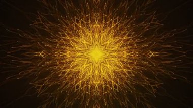 Yavaş hareket eden altın parçacıkların kar tanesi şeklinde canlandırılmasıyla soyut koyu arkaplan. Kusursuz döngünün animasyonu.