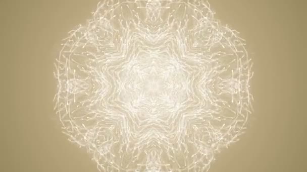 雪の結晶の形でゆっくりと動く白い粒子のアニメーションと抽象的な黄金の背景 シームレスループのアニメーション — ストック動画