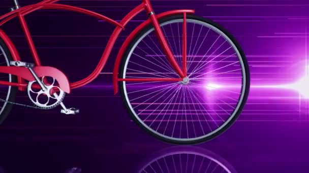 Animación Paseo Rápido Bicicleta Urbana Roja Sobre Fondo Púrpura Animación — Vídeo de stock
