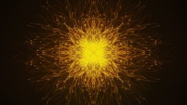 Yavaş hareket eden altın parçacıkların kar tanesi şeklinde canlandırılmasıyla soyut koyu arkaplan. Kusursuz döngünün animasyonu.