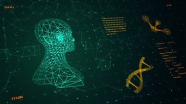 Soyut arayüzün animasyonuyla arka plan. İnsan vücudu, DNA sarmalları ve atom modelleri kablo biçiminde ve animasyon programlama kodlarında. Kusursuz döngünün animasyonu.