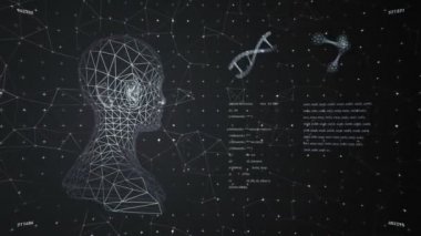 Soyut arayüzün animasyonuyla arka plan. İnsan vücudu, DNA sarmalları ve atom modelleri kablo biçiminde ve animasyon programlama kodlarında. Kusursuz döngünün animasyonu.