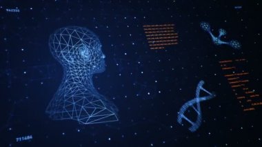 Soyut arayüzün animasyonuyla arka plan. İnsan vücudu, DNA sarmalları ve atom modelleri kablo biçiminde ve animasyon programlama kodlarında. Kusursuz döngünün animasyonu.