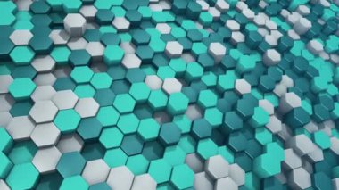 Türkuaz altıgenlerin dalga mozaiğinin animasyonuyla soyut teknolojik arkaplan, kusursuz döngünün animasyonu.