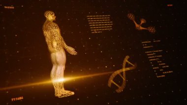 Soyut arayüzün animasyonuyla arka plan. İnsan vücudu, DNA sarmalları ve atom modelleri kablo biçiminde ve animasyon programlama kodlarında. Kusursuz döngünün animasyonu.