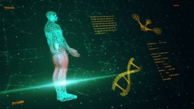 Soyut arayüzün animasyonuyla arka plan. İnsan vücudu, DNA sarmalları ve atom modelleri kablo biçiminde ve animasyon programlama kodlarında. Kusursuz döngünün animasyonu.