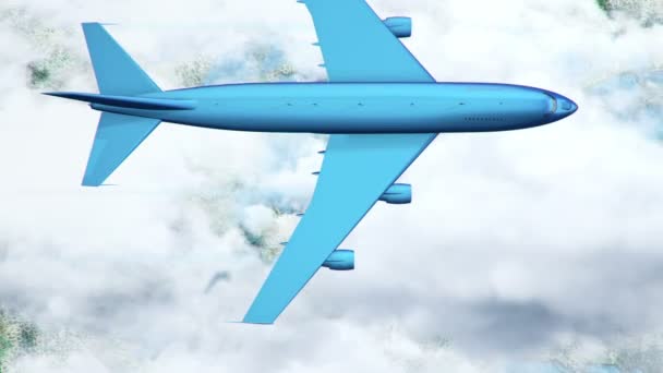 蓝色飞机在云彩和陆地上空的动画 无缝环路动画 — 图库视频影像