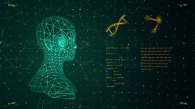 Soyut arayüzün animasyonuyla arka plan. İnsan vücudu, DNA sarmalları ve atom modelleri kablo biçiminde ve animasyon programlama kodlarında. Kusursuz döngünün animasyonu.