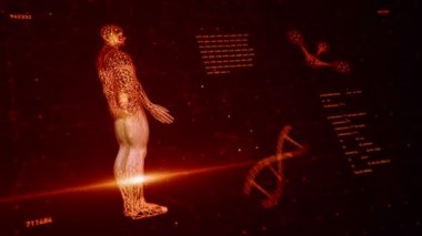 Soyut arayüzün animasyonuyla arka plan. İnsan vücudu, DNA sarmalları ve atom modelleri kablo biçiminde ve animasyon programlama kodlarında. Kusursuz döngünün animasyonu.
