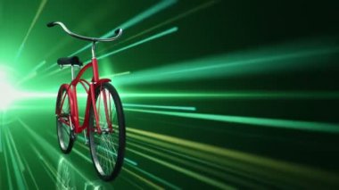 Yeşil arka planda hızlı sürüşün kırmızı şehir bisikletinin animasyonu, kusursuz döngünün animasyonu 