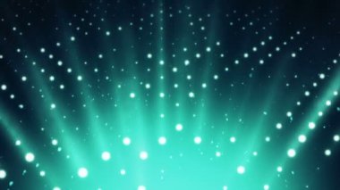 Işık huzmesi projektörlü parlak lambalardan çıkan turkuaz duvarlı soyut bir arkaplan. Kusursuz döngünün animasyonu