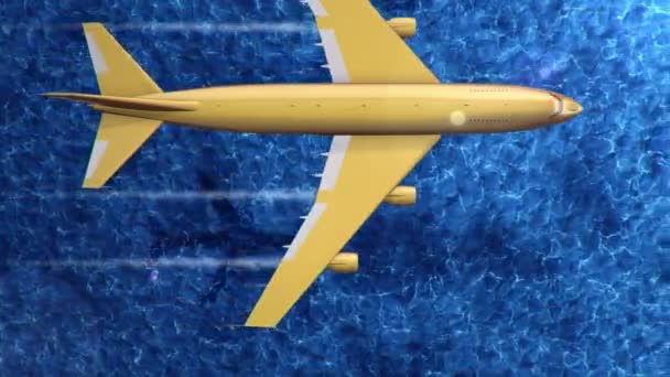 金色飞行飞机在海面上的动画 无缝回路的动画 — 图库视频影像