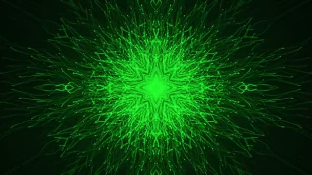 雪の結晶の形でゆっくりと動く緑の粒子のアニメーションと抽象暗い背景 シームレスループのアニメーション — ストック動画